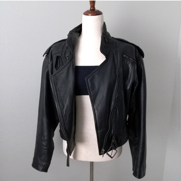 LAROXX Vintage Black Leather Cropped Moto Jacket - Picture 4 of 16
